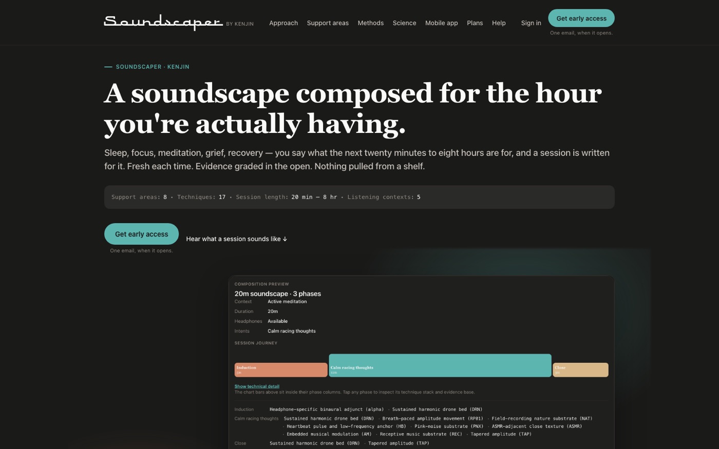 Soundscaper homepage: 'A soundscape composed for the hour you're actually having.'